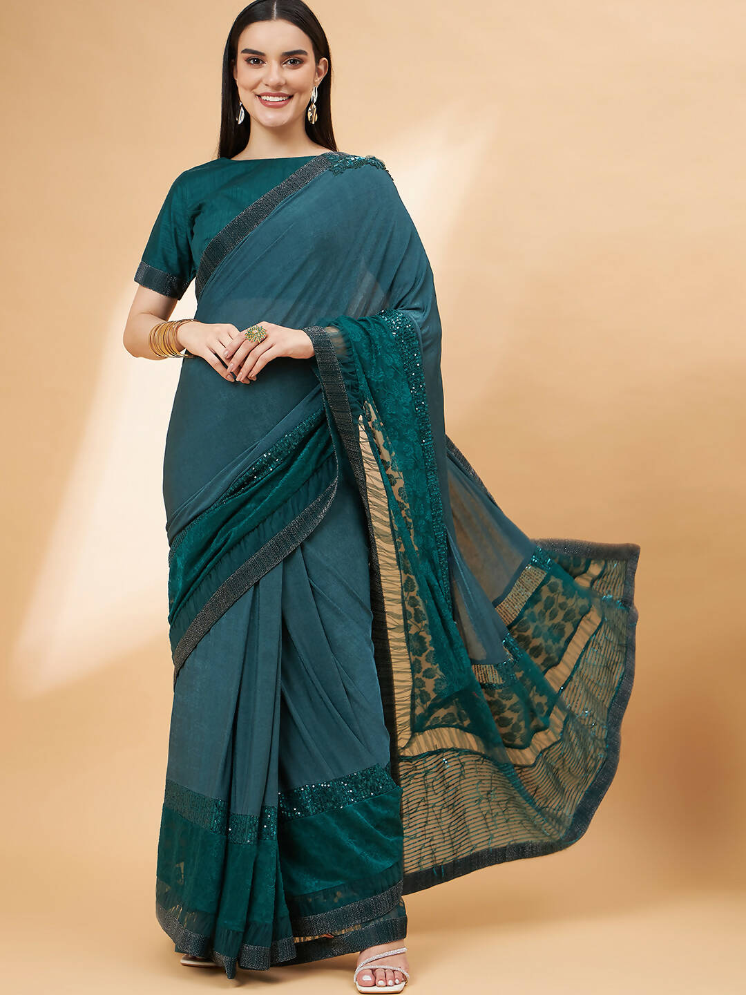 Green Lycra Flock Work, Seuqins Embroidery, Handwork Shoulder Butta Saree - Norita Hit Design | Grocsy