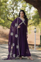 Vastranavya Faux Blooming with Embroidery Zari Sequins-work Gown with Dupatta - Purple | Grocsy