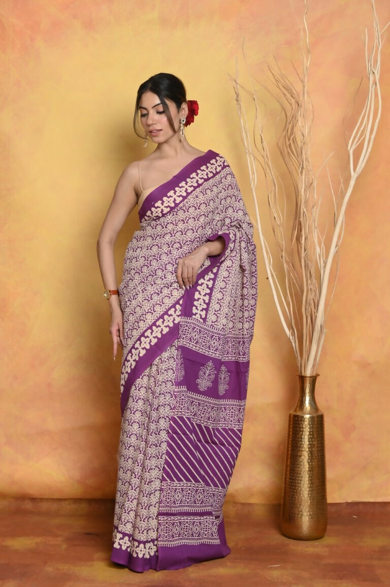 Very Much Indian Handblock Printed Cotton Saree With Natural Dyes - White | Grocsy