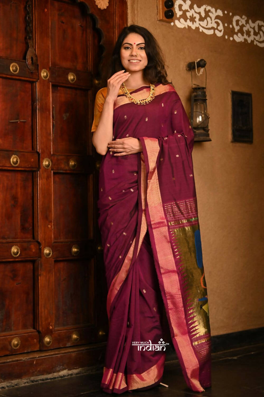 Very Much Indian Handloom Pure Cotton Paithani With Handwoven Pallu - Wine | Grocsy