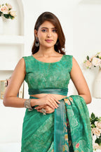 Joban Fashion Rama Green Floral Linen Ready To Wear Saree With Unstitched Blouse | Grocsy