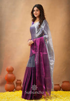 Exclusive Collection Beautiful Gray Magenta Tissue Silk Hand Weaving Handloom Saree With Running Blouse Piece | Grocsy