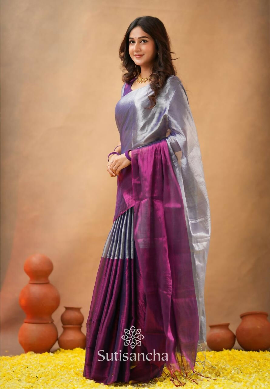 Exclusive Collection Beautiful Gray Magenta Tissue Silk Hand Weaving Handloom Saree With Running Blouse Piece | Grocsy