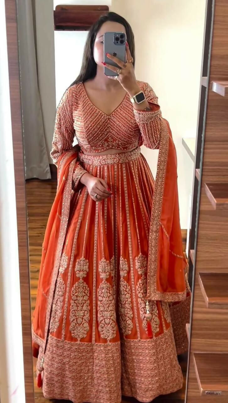 Jyoti Fashion Women's Orange Faux Georgette Sequins with Thread Embroidered Designer Lehenga Choli Set | Grocsy