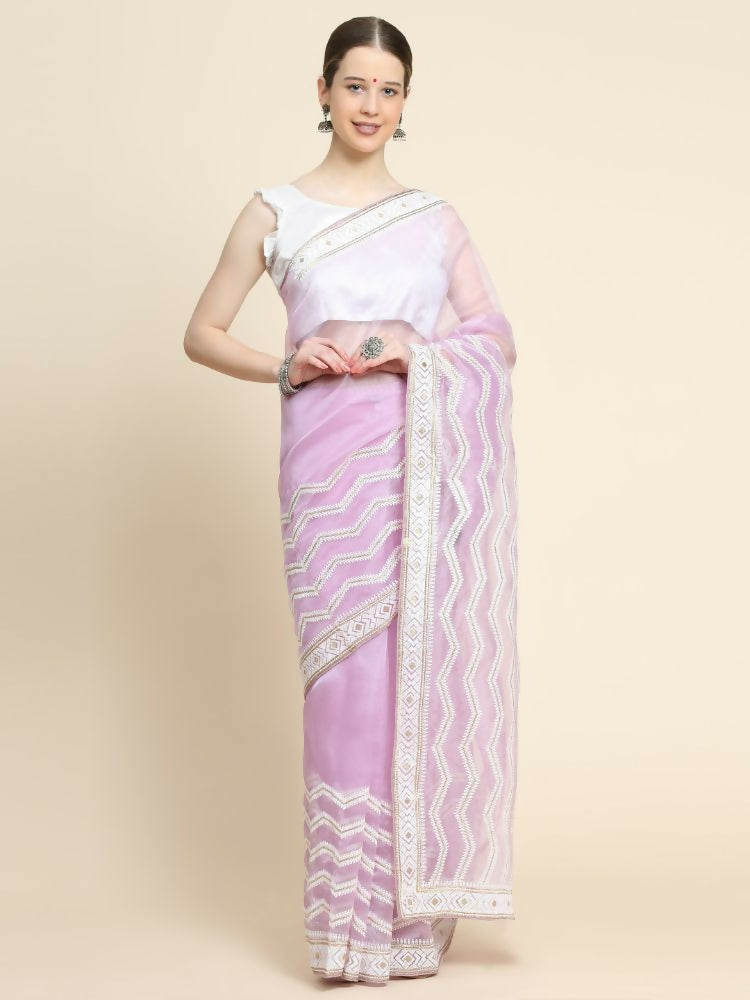 Vamsee Banno Lehriya Lavender Organza Saree | Grocsy
