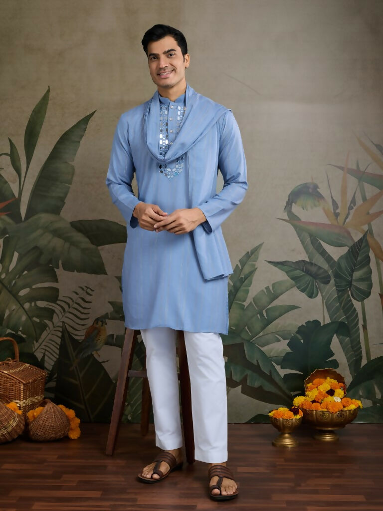 Vastranavya Light Blue Exclusive Viscose Silk Festival Wear Real Mirror Work Kurta with Dupatta | Grocsy