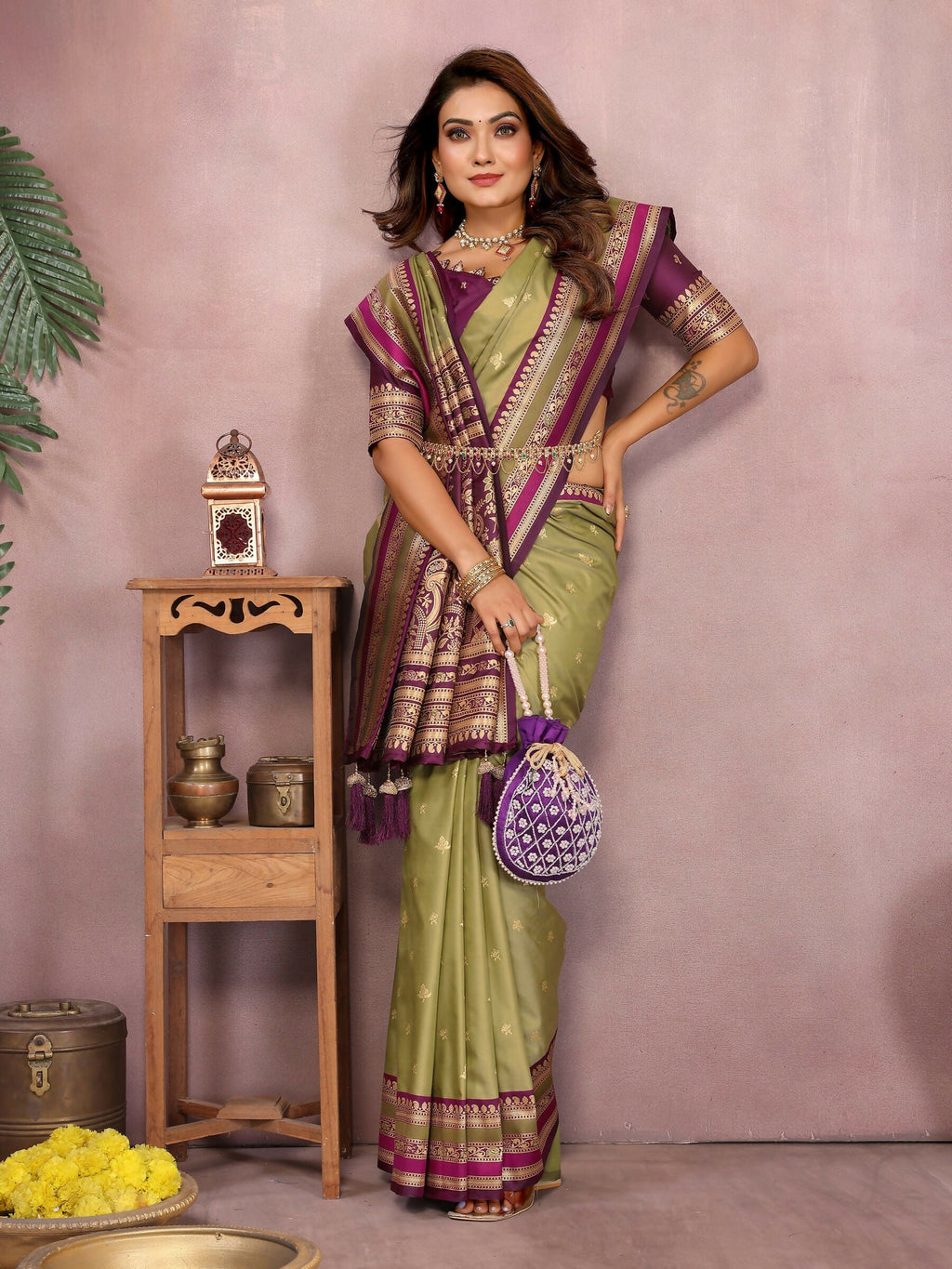 Anaita Green Handloom Kalamkari Silk Saree With Zari Woven Work | Grocsy