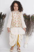 Little Bansi Banarsi Red Tulip Embroidery Jacket With Cotton Kantha kurta And Kantha Dhoti - Cream | Grocsy