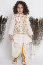 Little Bansi Banarsi Red Tulip Embroidery Jacket With Cotton Kantha kurta And Kantha Dhoti - Cream | Grocsy