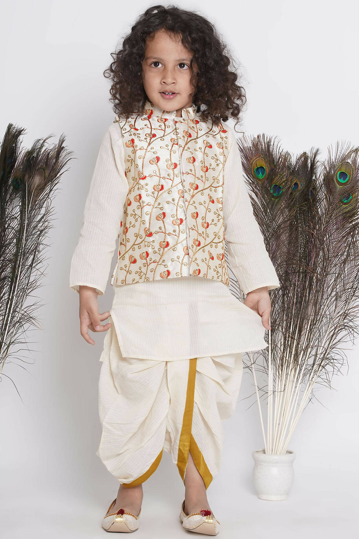 Little Bansi Banarsi Red Tulip Embroidery Jacket With Cotton Kantha kurta And Kantha Dhoti - Cream | Grocsy