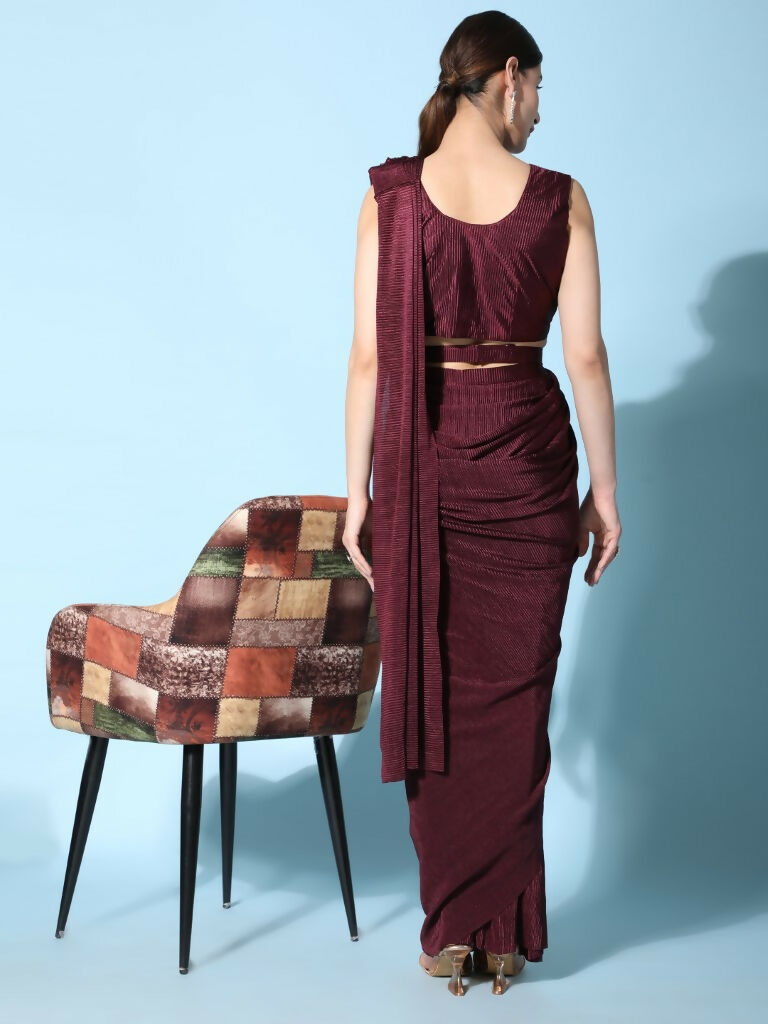 Maroon Imported Crush Lycra Texture Pattern Ready to Wear Saree with stitched Blouse - Nirvana | Grocsy