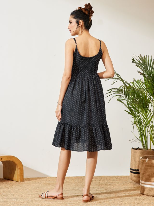 Janasya Navy Blue A-Line Cotton Dress | Grocsy