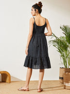 Janasya Navy Blue A-Line Cotton Dress | Grocsy