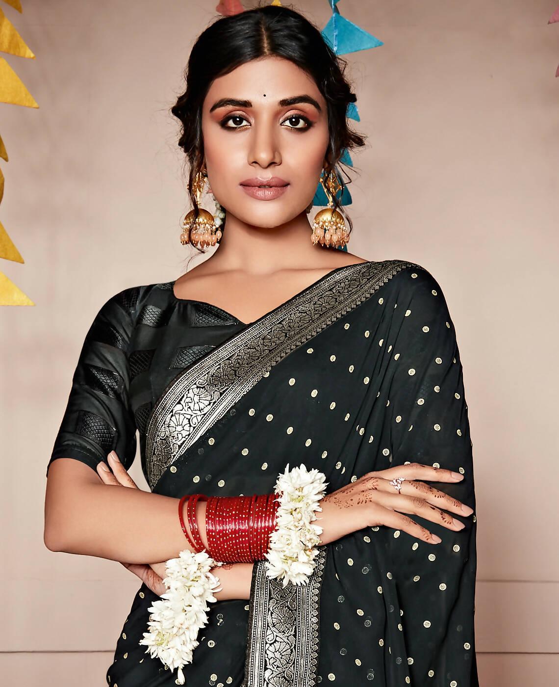 Black Georgette Foil Printed Saree With Unstitched Blouse Piece - Nitya | Grocsy