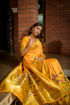 Jyoti Fashion Women's Yellow Paithani Silk Zari Woven Saree with Blouse | Grocsy