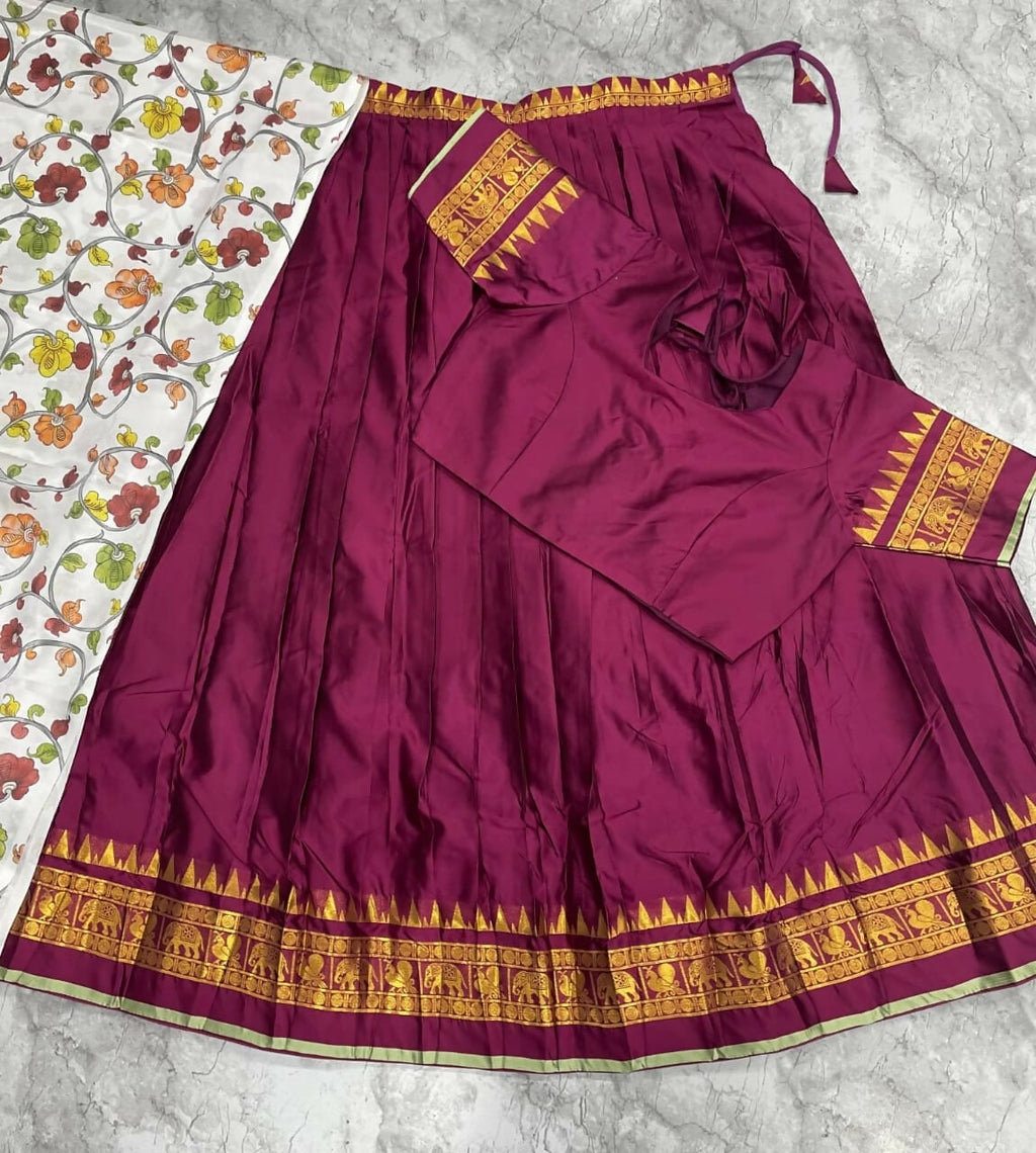 Teeya Creation Womens New Trendy Wine Traditional Pleated Lehenga Choli Set with Floral Printed Dupatta and Contrast Zari Border Set | Grocsy