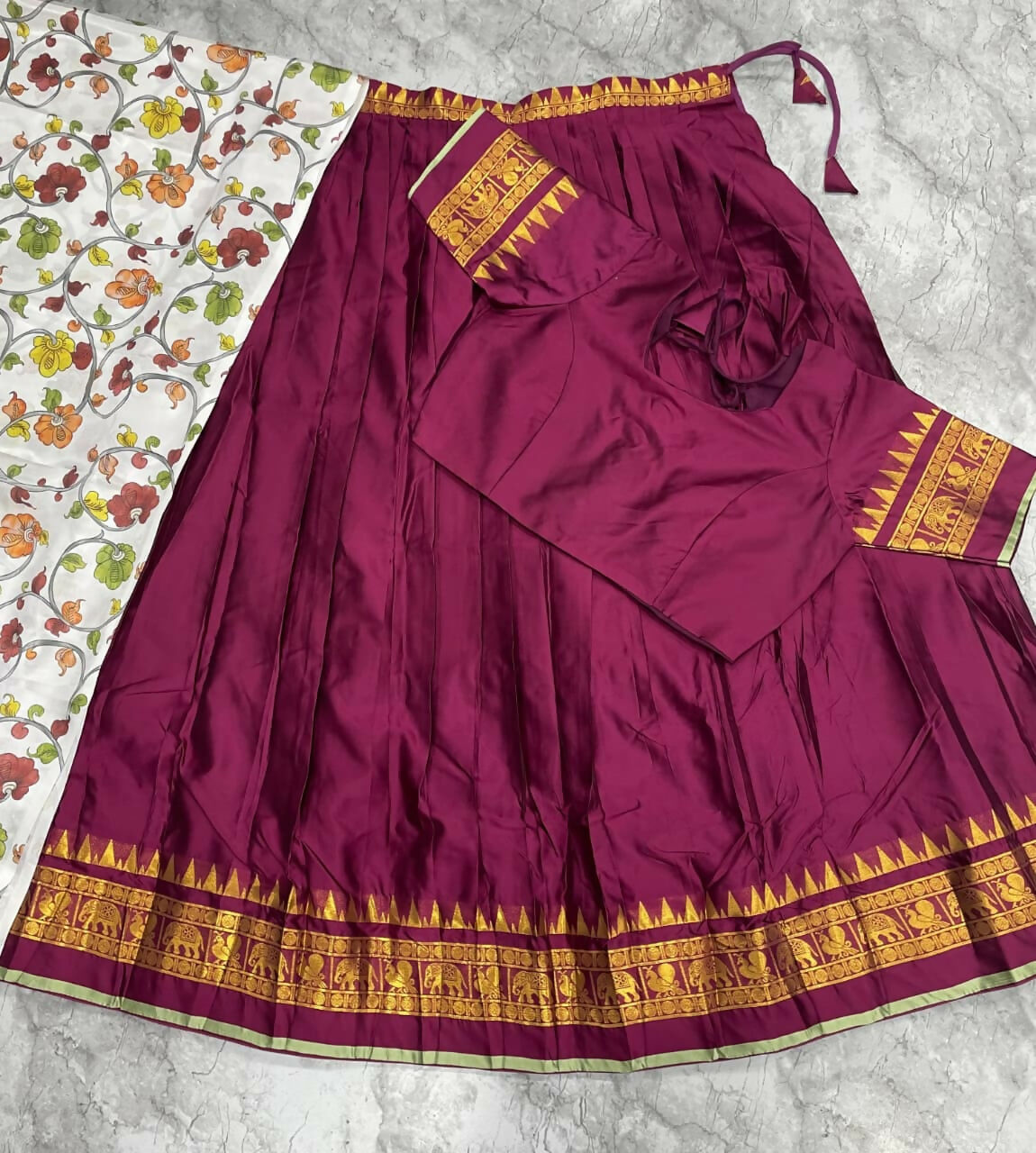 Teeya Creation Womens New Trendy Wine Traditional Pleated Lehenga Choli Set with Floral Printed Dupatta and Contrast Zari Border Set | Grocsy
