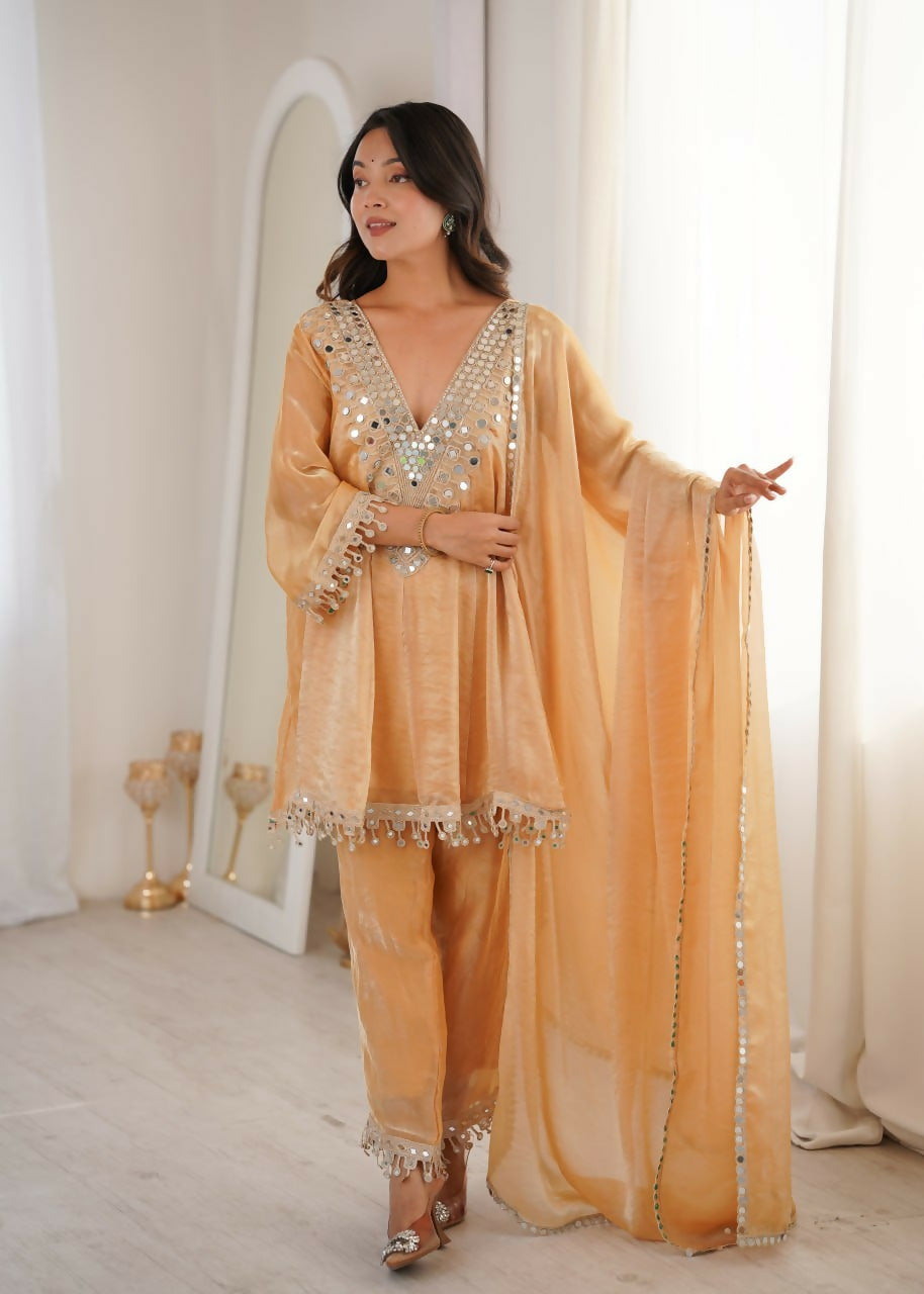 Teeya Creation Womens New Trending Fendy Fabric With Real Mirror With Coding Embroidered Lace Work Kurta Set | Grocsy