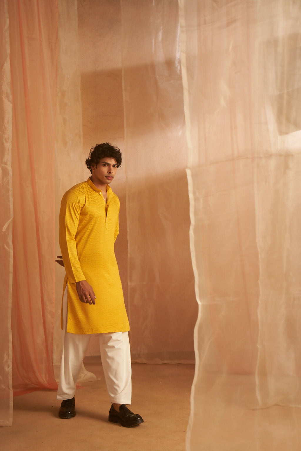 Mustard Viscose Chikankari Embroidery Work Men's Kurta Set - Mahotsav | Grocsy