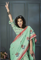 Anaita Light Green Designer Weaving Handloom Linen Saree With Blouse | Grocsy