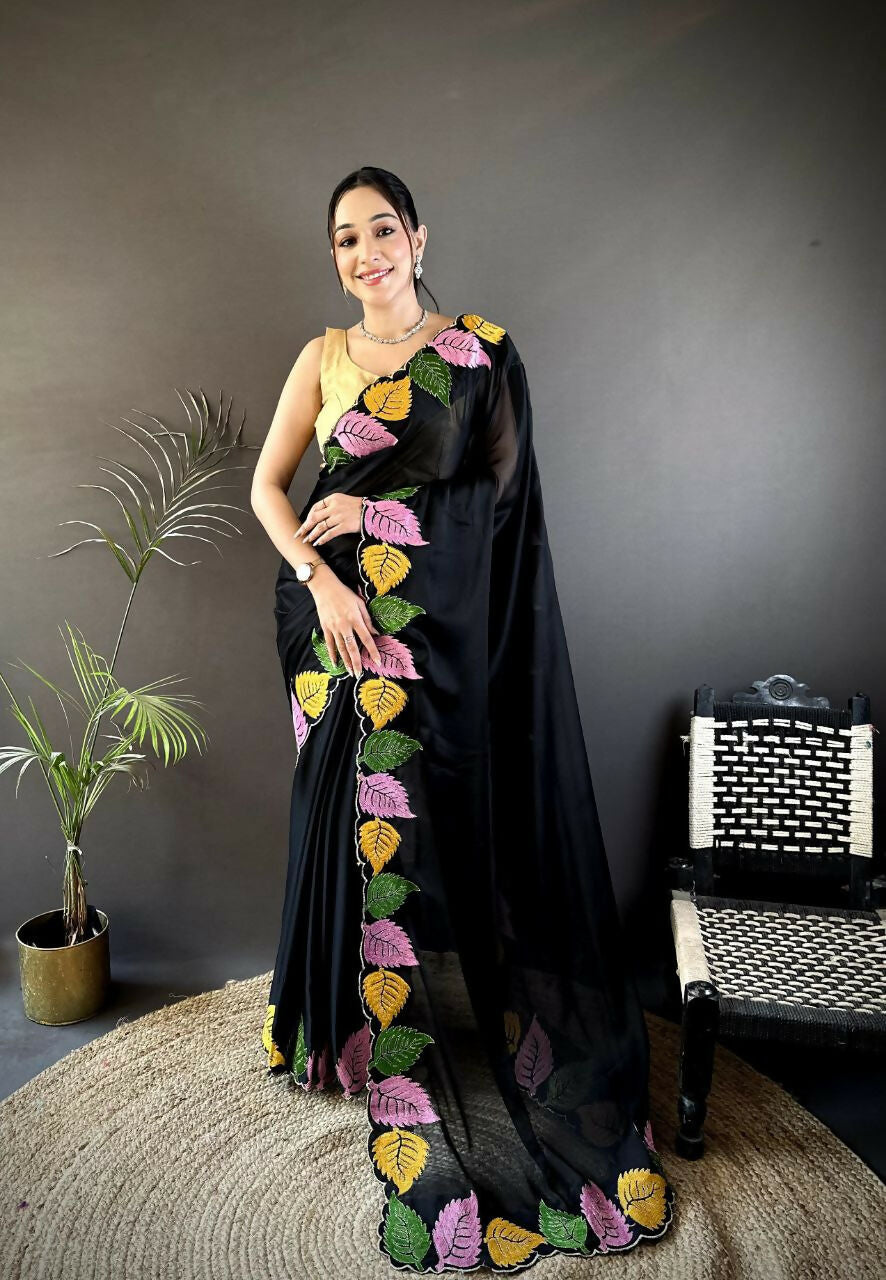Prime Volt Multicolor Leaf Embroidery Rangoli Silk Saree with Scalloped Border-Black | Grocsy