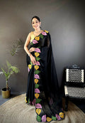 Prime Volt Multicolor Leaf Embroidery Rangoli Silk Saree with Scalloped Border-Black | Grocsy