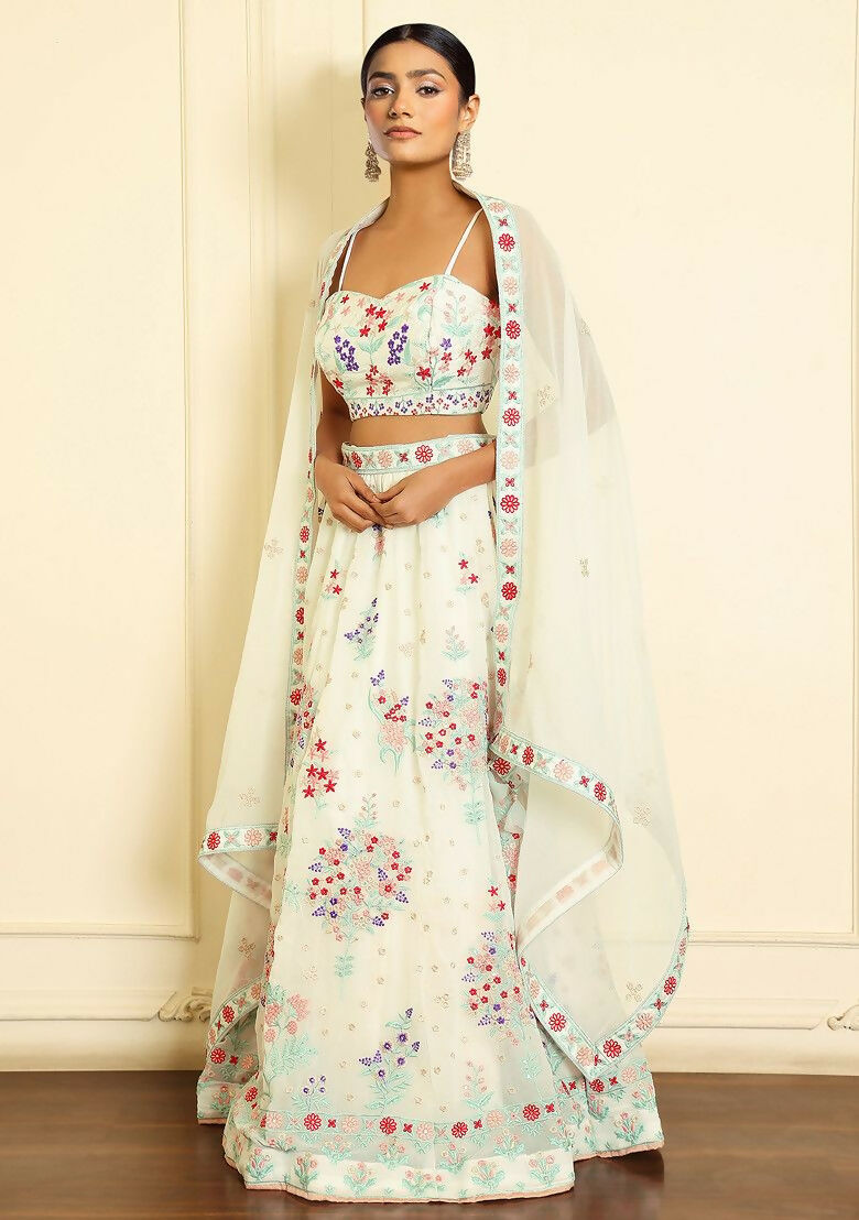 Eilara Glamorous Off White Thread Embroidered Georgette Lehenga Set | Grocsy
