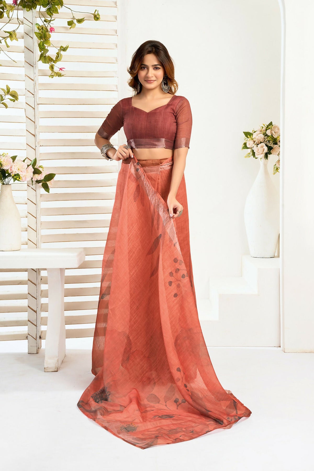 Vastranavya Brown Digital Printed Linen Ready To Wear Designer Saree with Unstitched Blouse | Grocsy