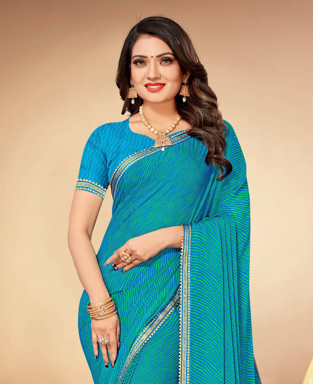 Sky Blue Chiffon Leheriya Printed Saree With Unstitched Blouse Piece - Swarna | Grocsy