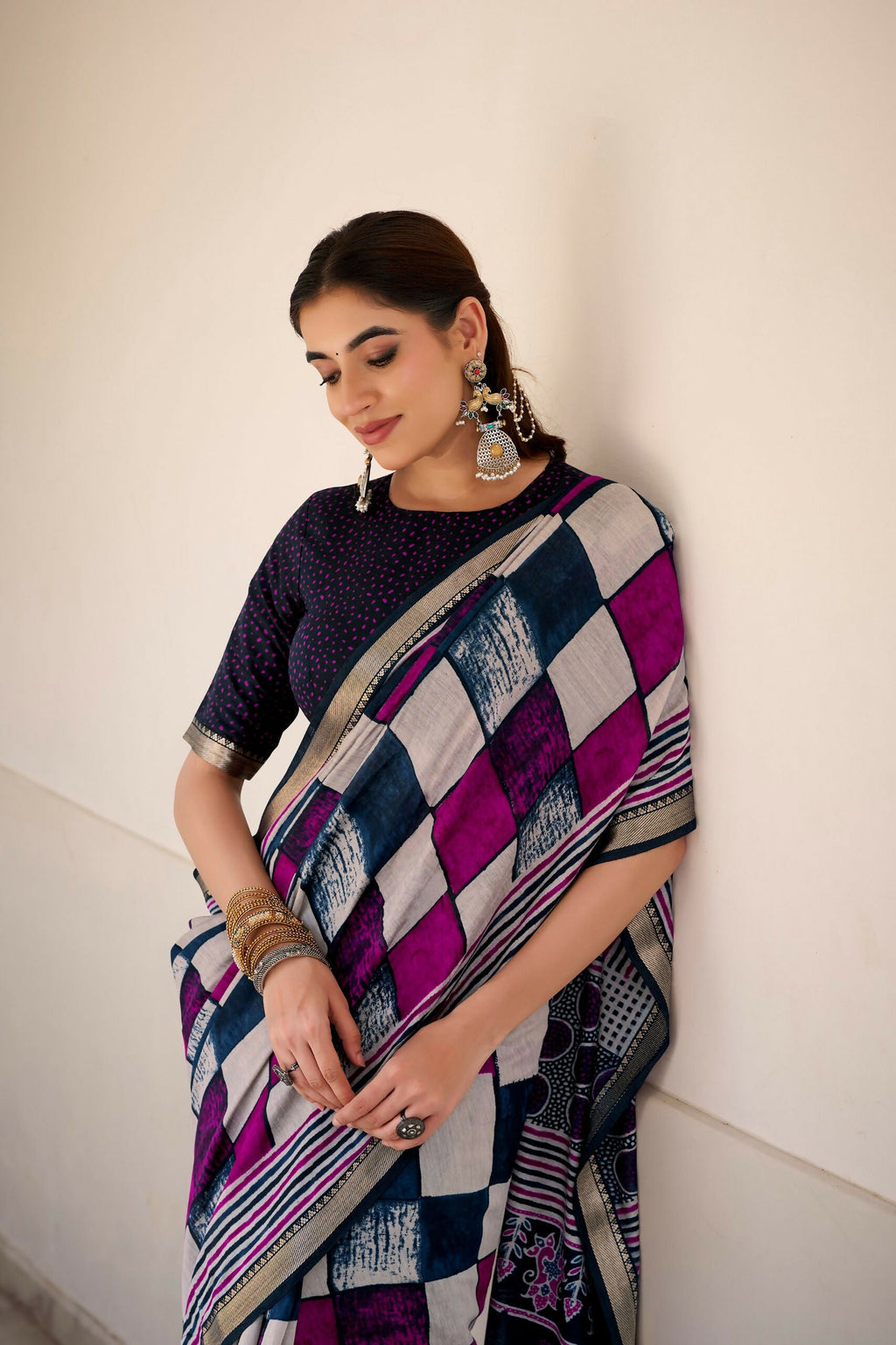 Vastranavya Navy Blue Viscose Chanderi Printed with Temple Border Saree & Unstitched Blouse | Grocsy