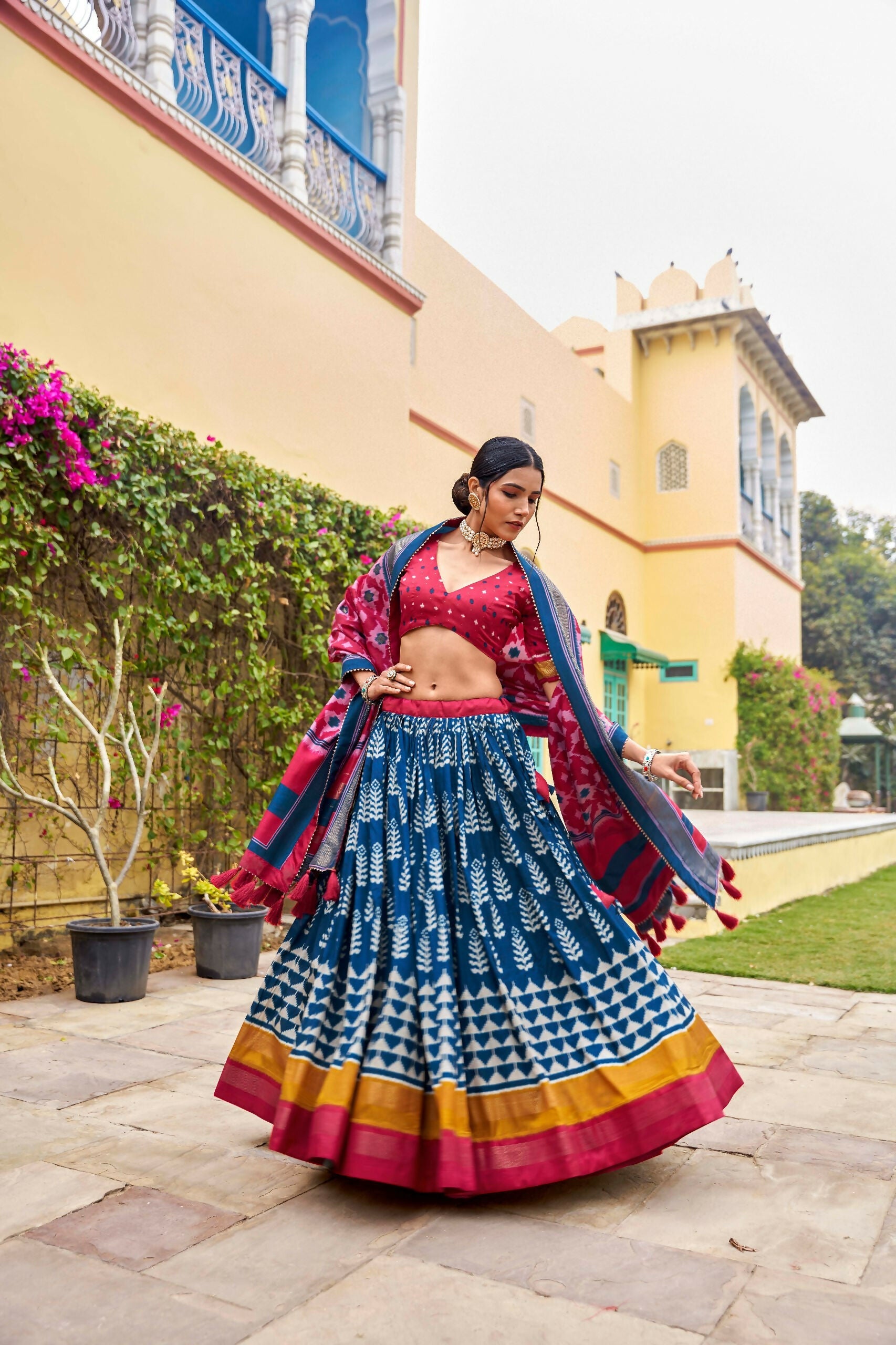 Vastranavya Printed and Foil Work Tussar Silk Lehenga with Unstitched Blouse - Blue | Grocsy