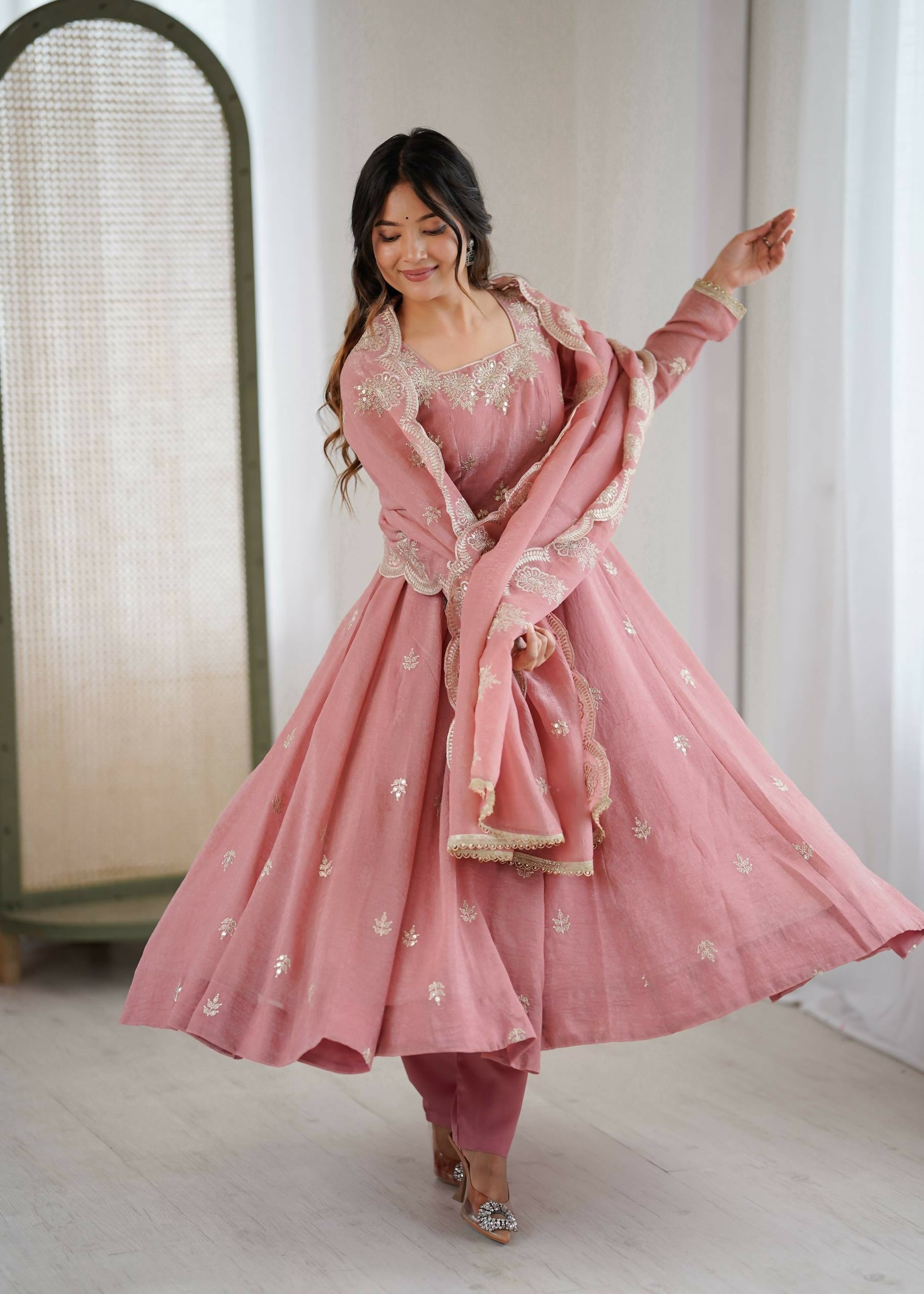 Teeya Creation Peach Color Crunchy Silk Embroidery Work Wedding Wear Gown | Grocsy