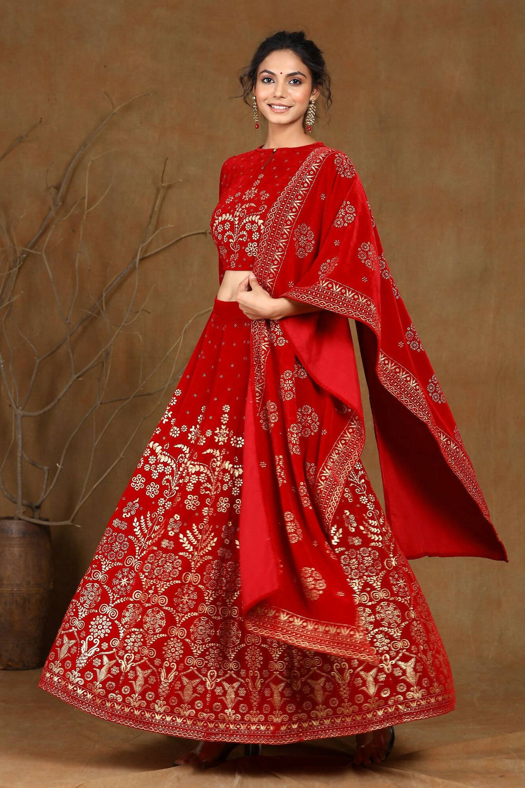 Juniper Women Maroon Velvet Printed Flared Lehenga Choli Sets | Grocsy