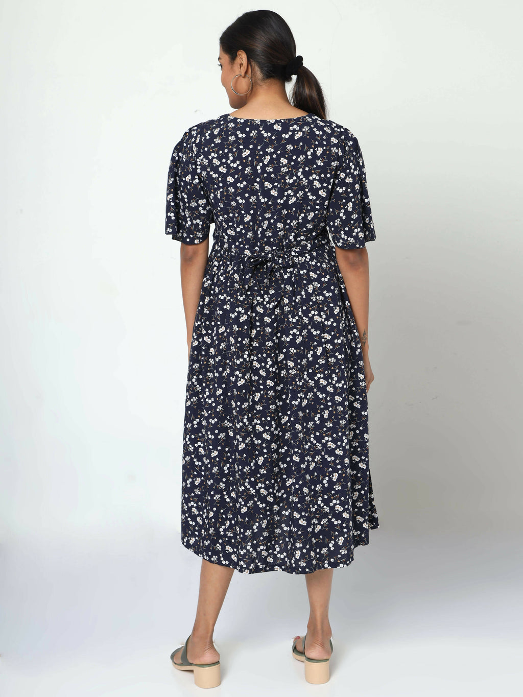 Manet Frill Slevees Maternity Dress Floral Print With Concealed Zipper Nursing Access - Navy | Grocsy