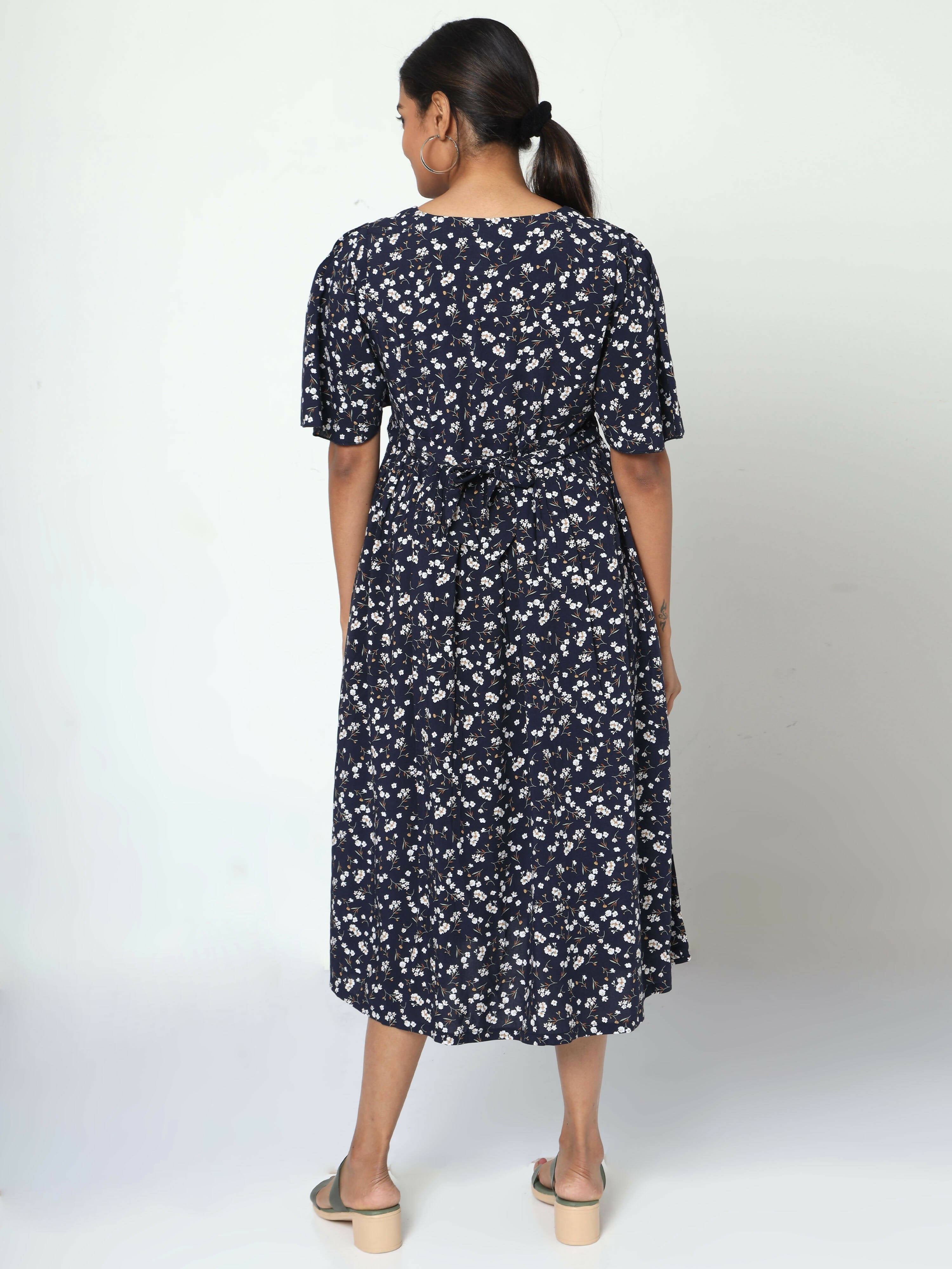 Manet Frill Slevees Maternity Dress Floral Print With Concealed Zipper Nursing Access - Navy | Grocsy
