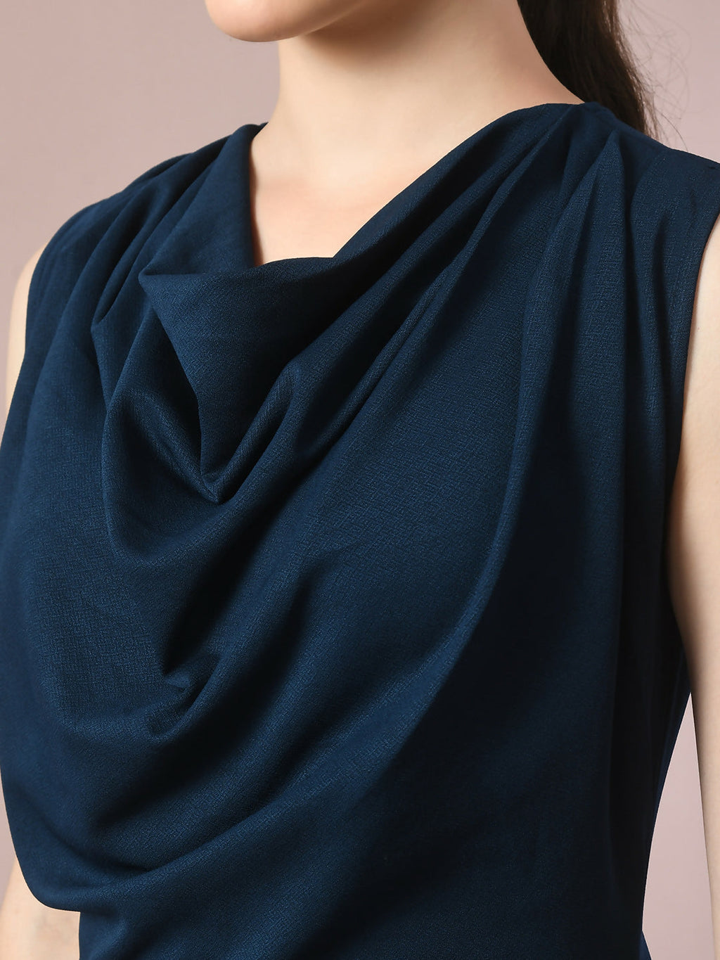 Myshka Women's Navy Blue Solid Cowl Neck Bodycon Party Dress | Grocsy