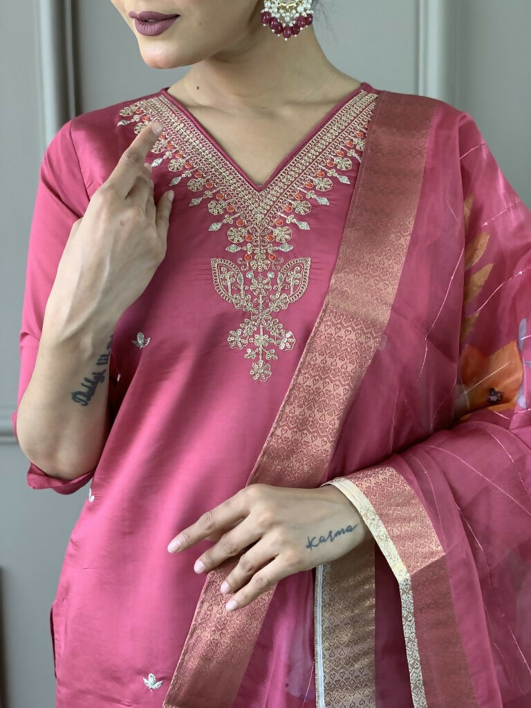 Light Pink Viscose chanderi Stitched Suit With Dupatta - Tanisha | Grocsy