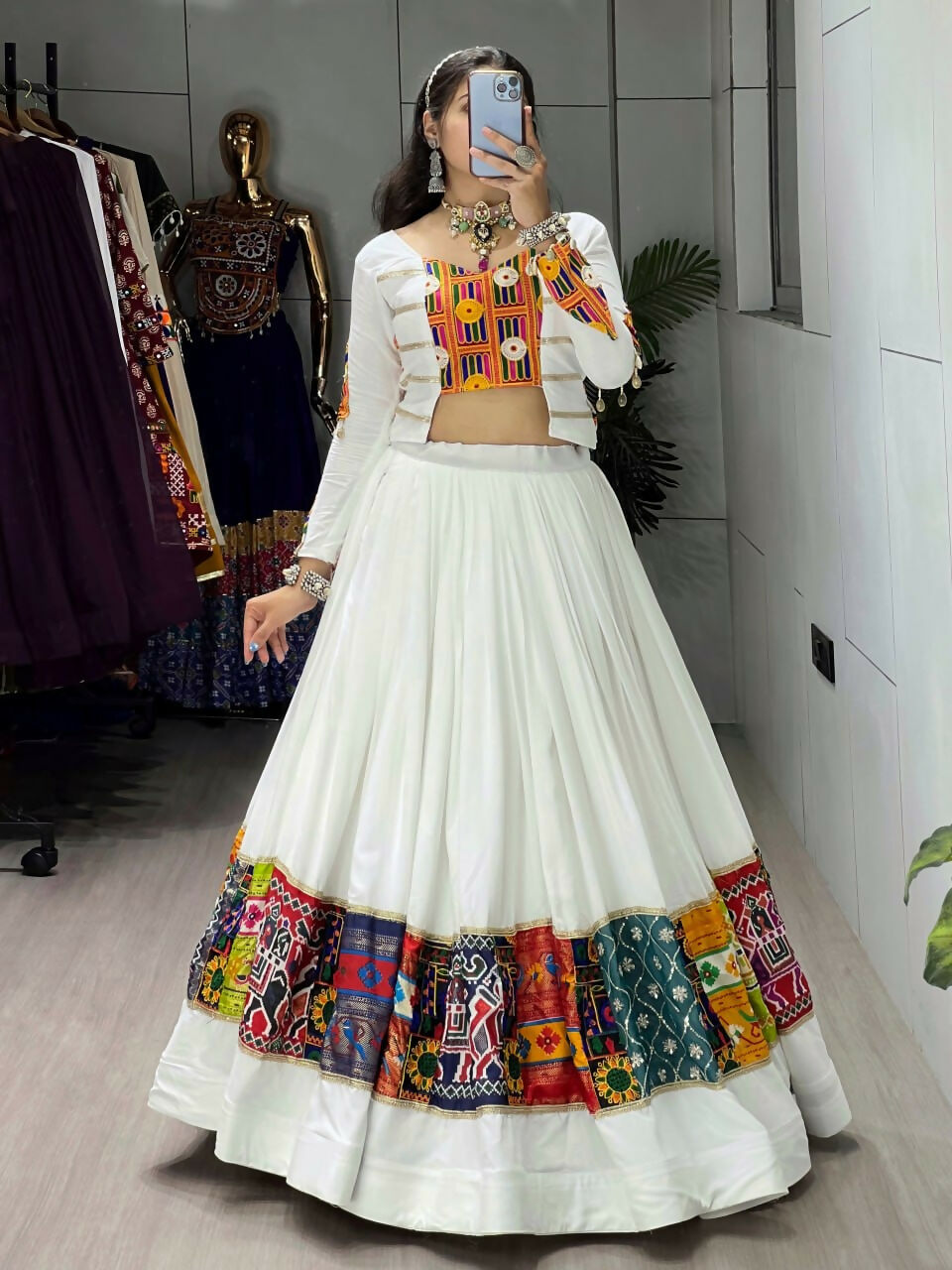 Yash Enterprise White Rayon Cotton Embroidery Semi Stitched Navratri Chaniya Choli | Grocsy