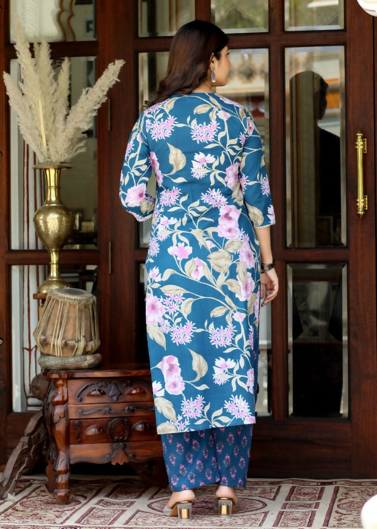 Miravan Women's Floral Block Printed Angrakha Kurta With Floral Palazzo | Grocsy