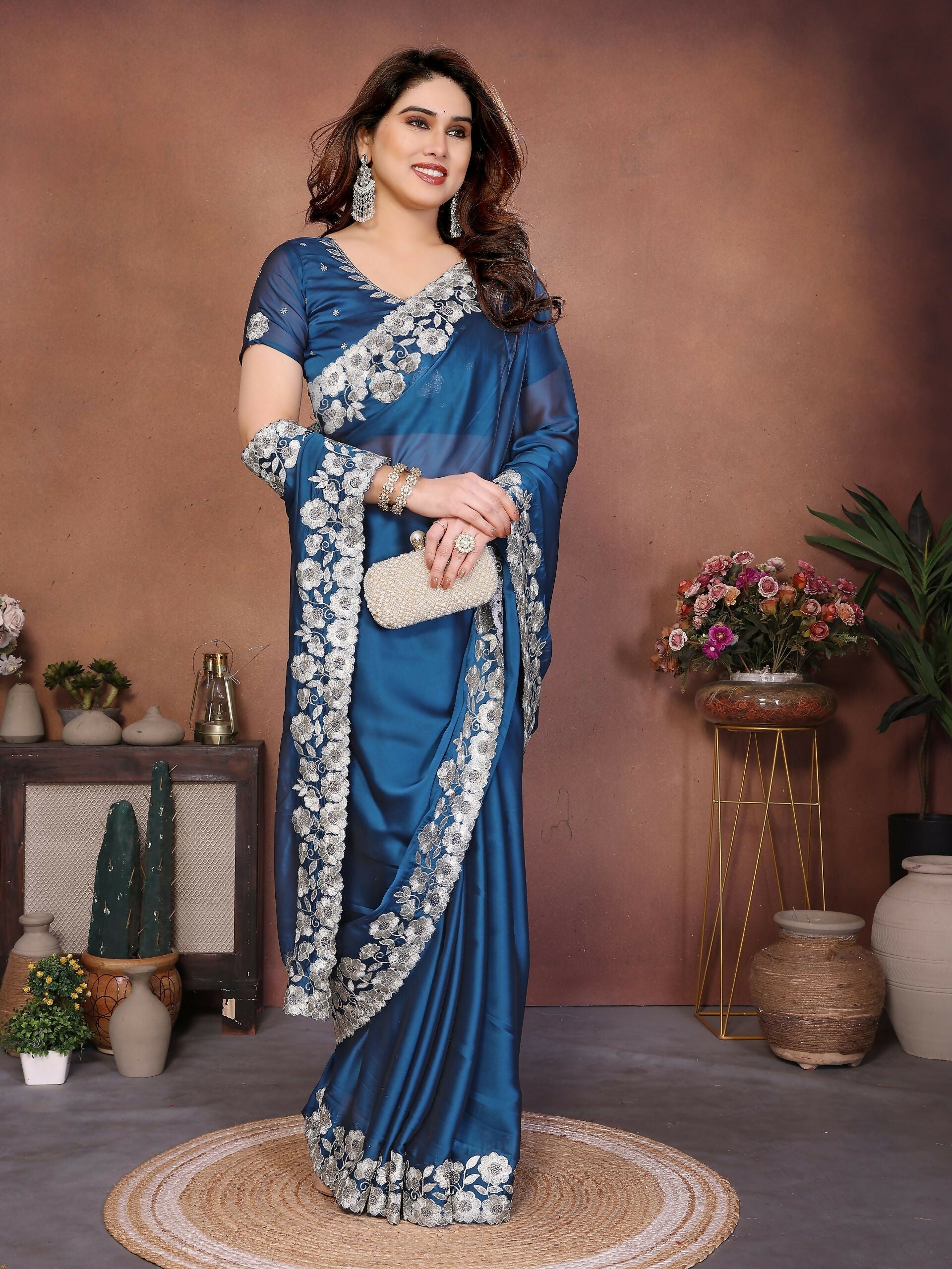 Teeya Creation New Trendy Stylish Party Wear Silk Saree-Blue | Grocsy