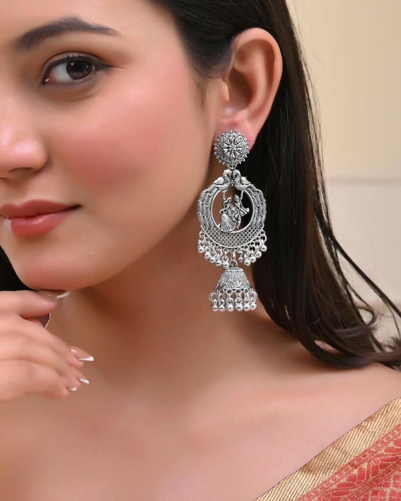 VOJ Silver Plated Krishna Cricluar Oxidized Earrings