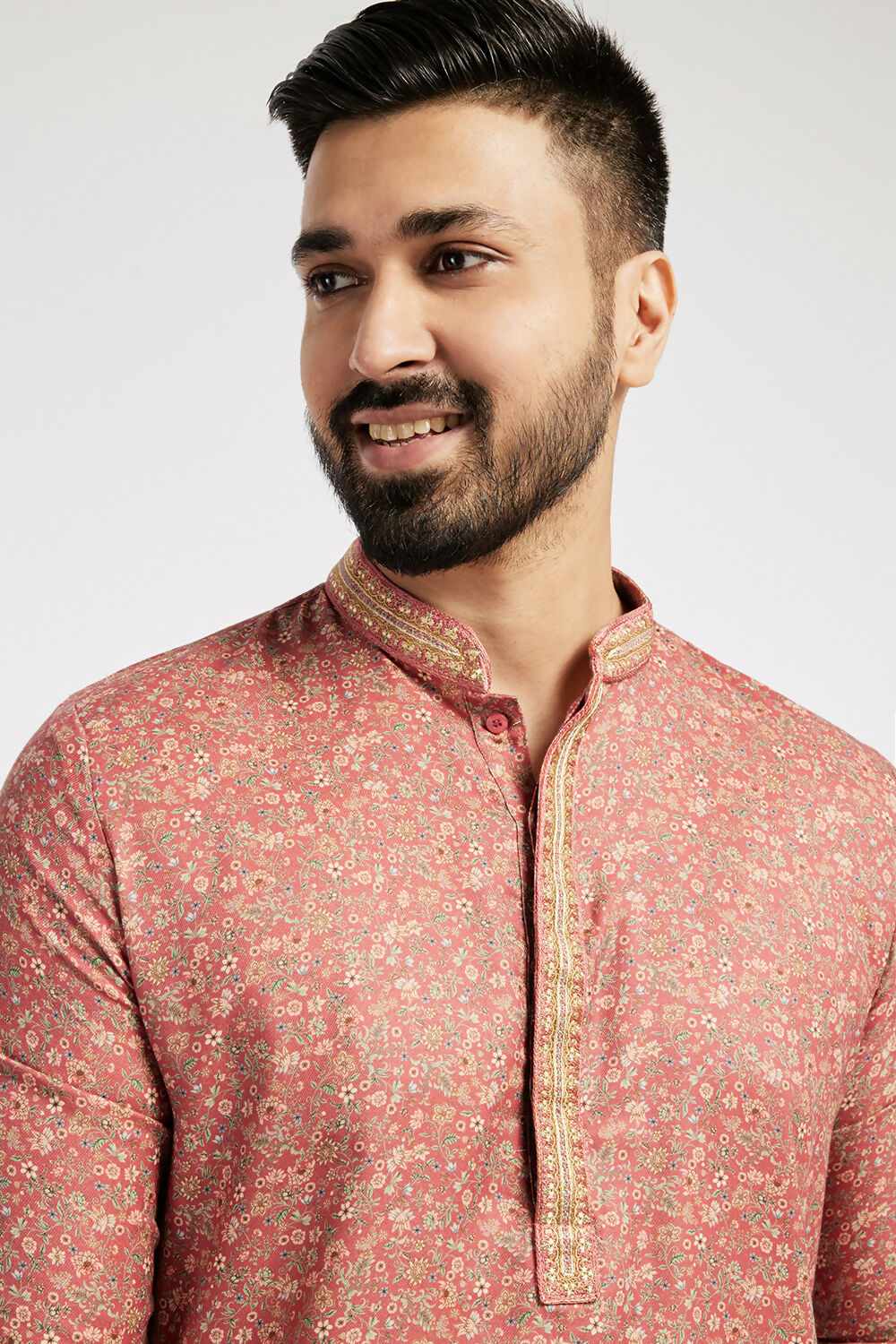 Ethnic India Pink Men's Kurta Floral Polyester | Grocsy