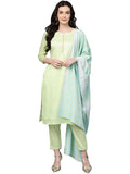 Ahalyaa Women's Sea Green Cotton Blend Solid Kurta Trouser Set With Dupatta | Grocsy