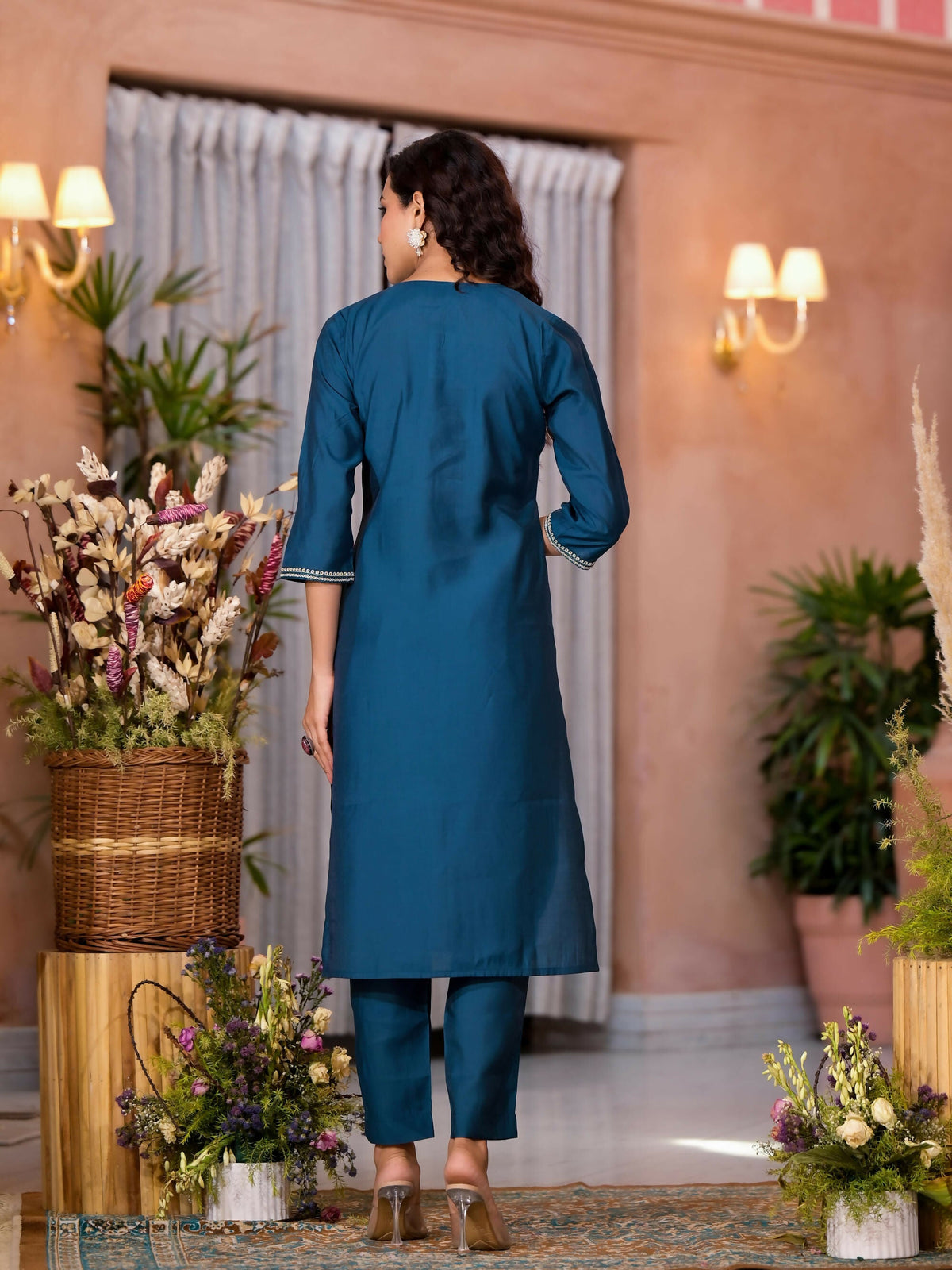 Juniper Women's Teal Thread Work Embroidered Viscose Kurta Pant And Dupatta Set With Buttons Work | Grocsy