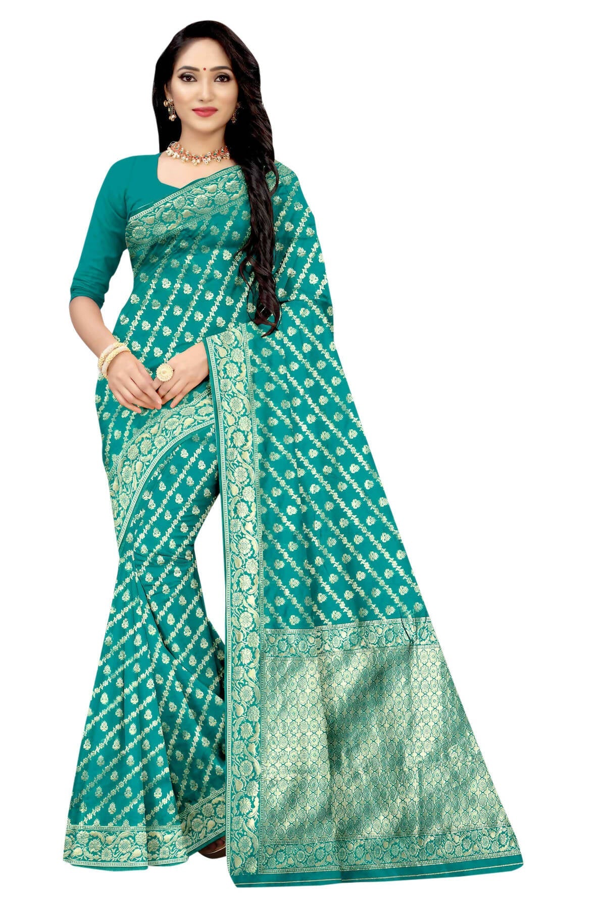 Vamika Weaving Banarasi Jacquard Rama Green Saree | Grocsy