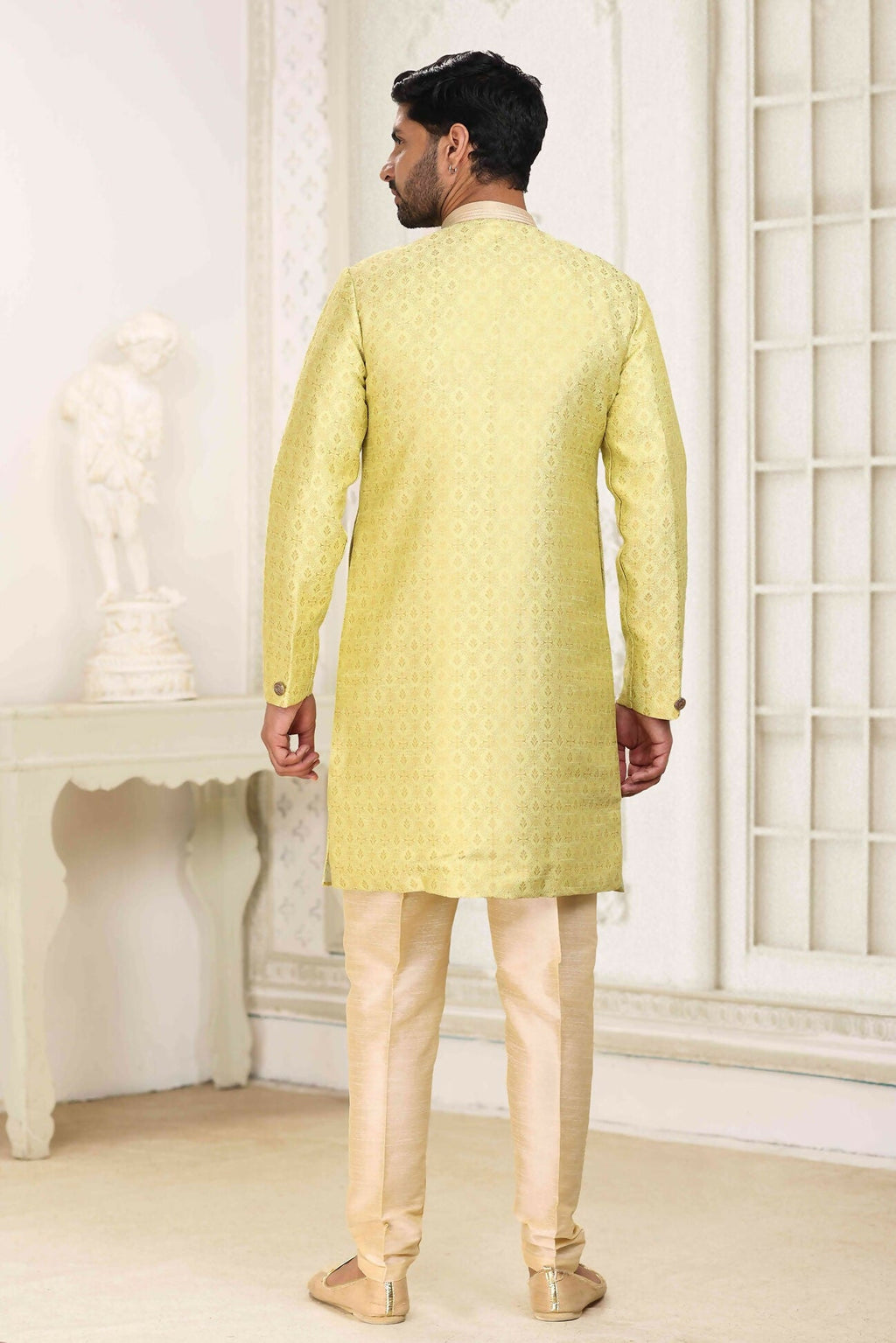 Raivat Ethnic Banarasi Jacquard Embroidery Semi Indo Western Sherwani In Lemon Yellow Colour | Grocsy