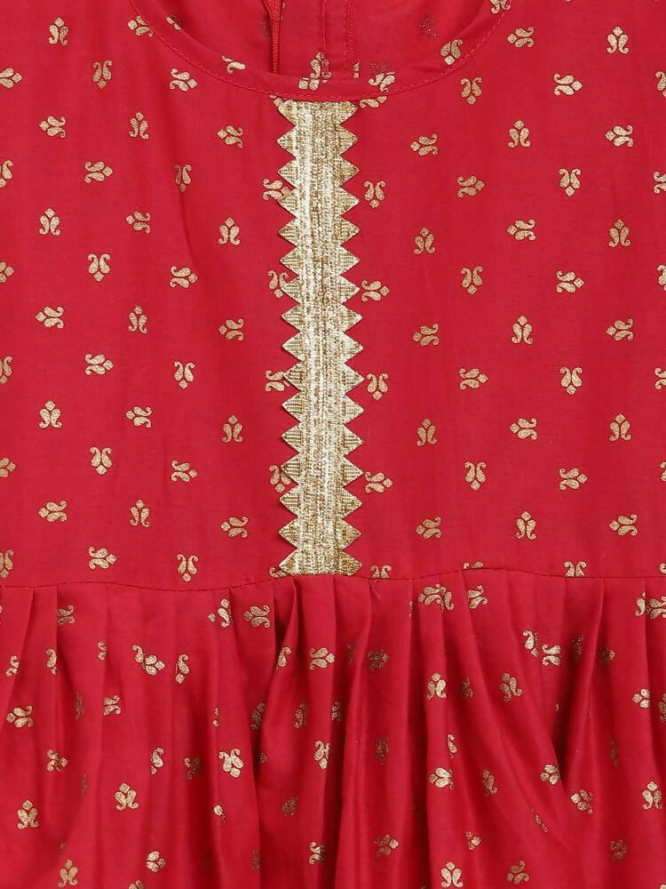 Ahalyaa Red Crepe Gold Printed Kids Kurta Sharara Set For Girls | Grocsy