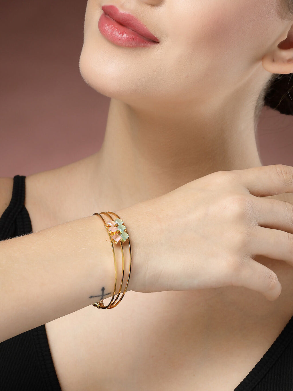 NVR Women's Gold-Polished CZ Stone-Studded Cuff Bracelet | Grocsy