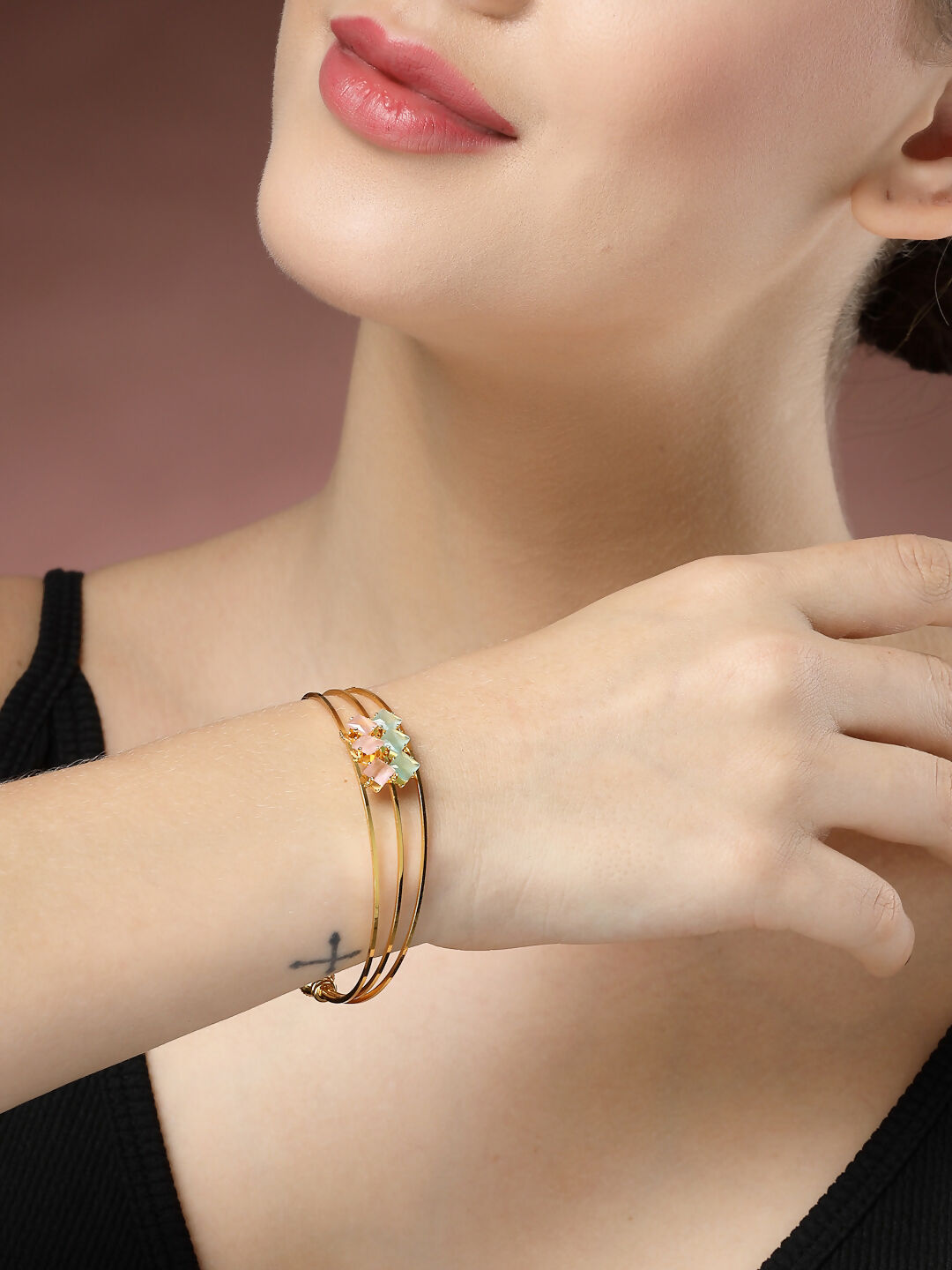 NVR Women's Gold-Polished CZ Stone-Studded Cuff Bracelet | Grocsy