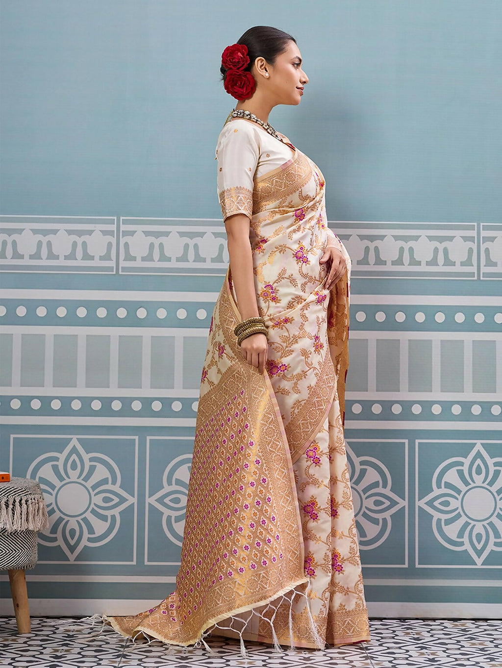 Shree Shyam Fashion Cream Silk Saree | Grocsy